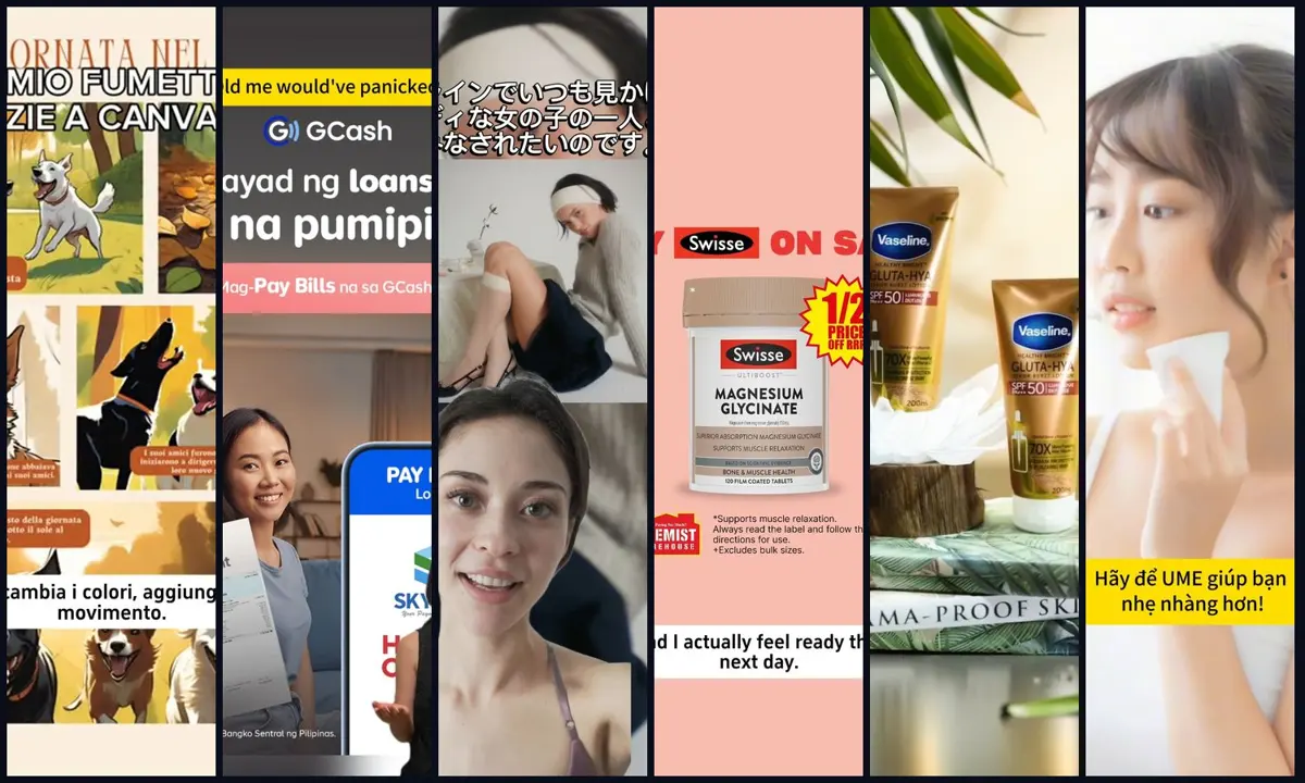 Frames from AI-produced ads for Canva, GCash and Swisse