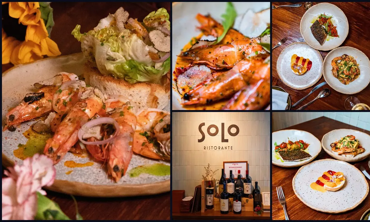 Plated dishes and the dining room at SOLO Ristorante